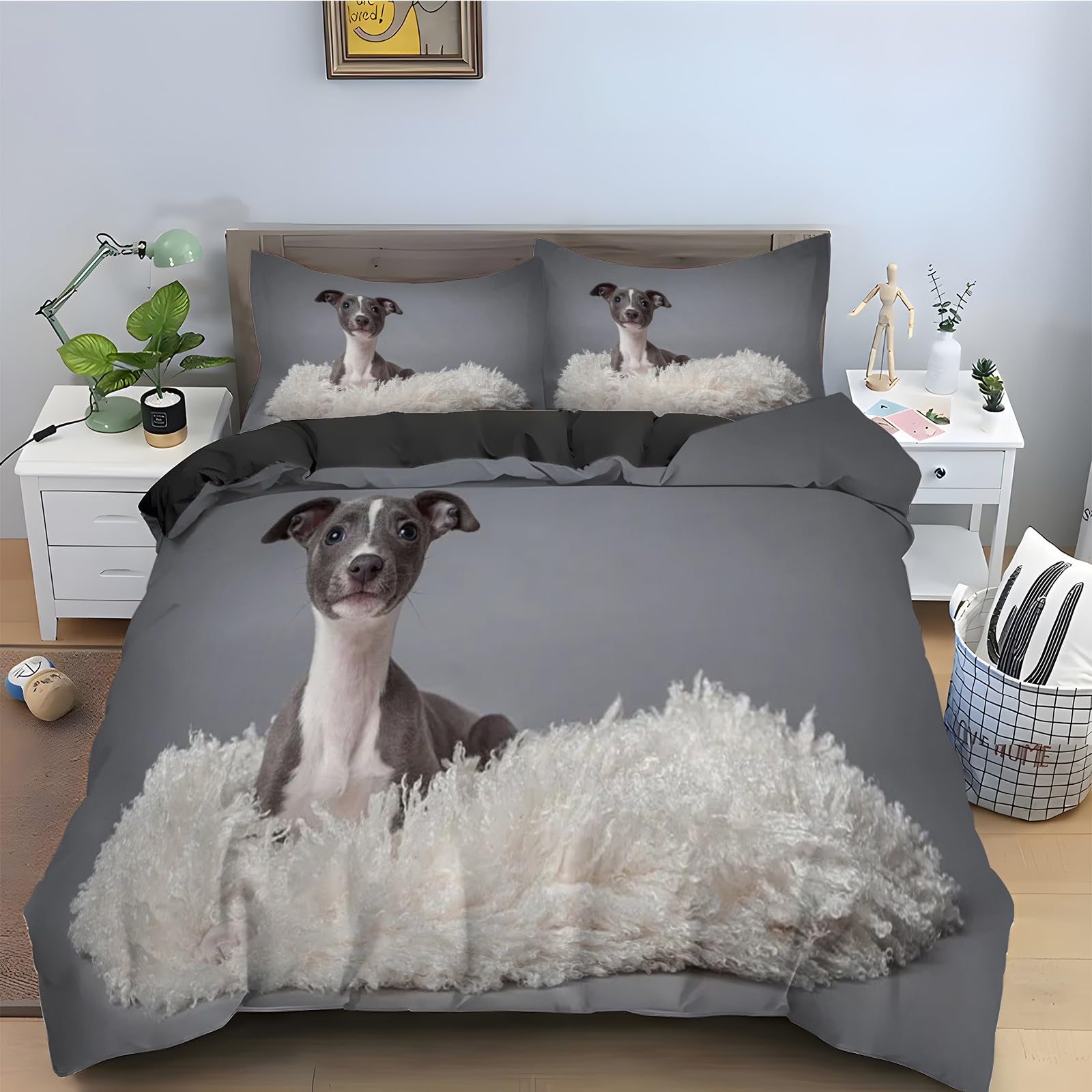 Housse de couette 200x200 Levrette et 2 taies d'oreiller, parure de lit 3 pièces microfibre kz4048