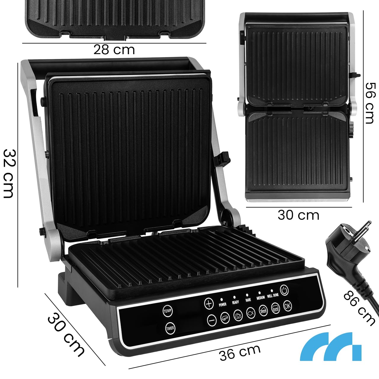 MalTec Grill kontaktowy z tacką na ścinki, SM5000W-PRO grill elektryczny 2500 W, opiekacz do kanapek Panini, 3 stopnie smażenia, 5 programów, zdejmowane płyty