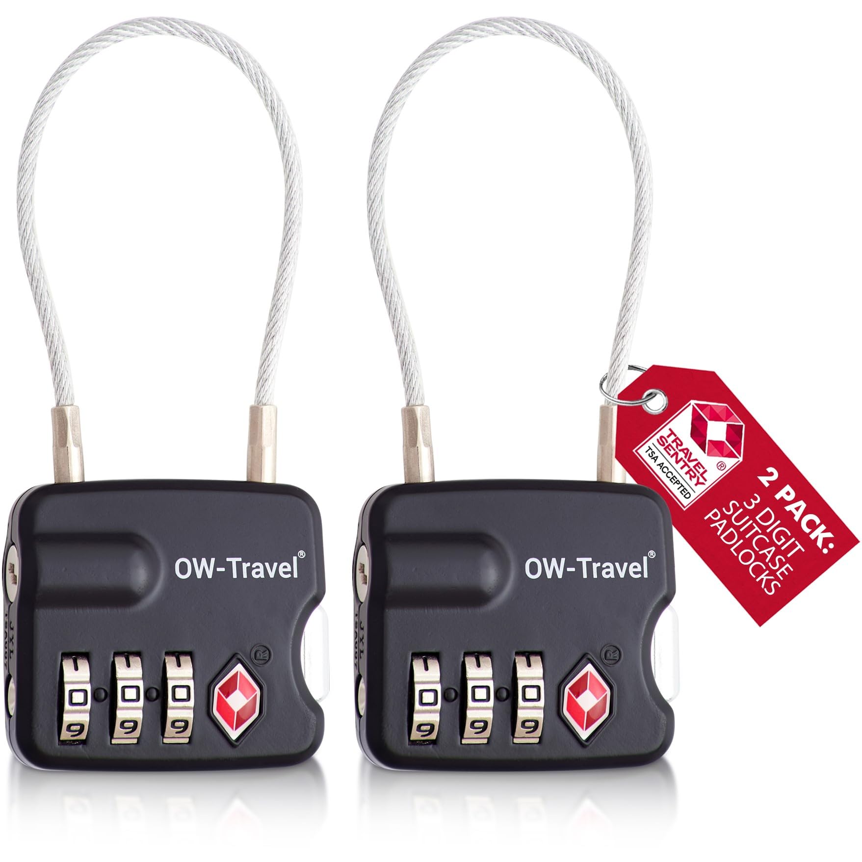 OW-Travel TSA Kłódka z Linką i Zamkiem Szyfrowym (Zestaw 2 Czarnych) 3 Cyfrowe Kłódki Walizkowe. Kłódka na szyfr na Plecak, Walizkę, Bagaż, Kłódki Szyfrowe Bagażowe, Szafek na Siłownię