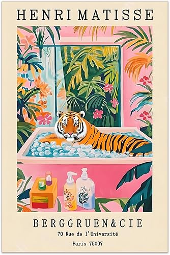 HMYLCQN Divertido arte de pared de tigre para baño, póster inspirado en Matisse, decoración de baño caprichosa, impresión de pared retro de arte