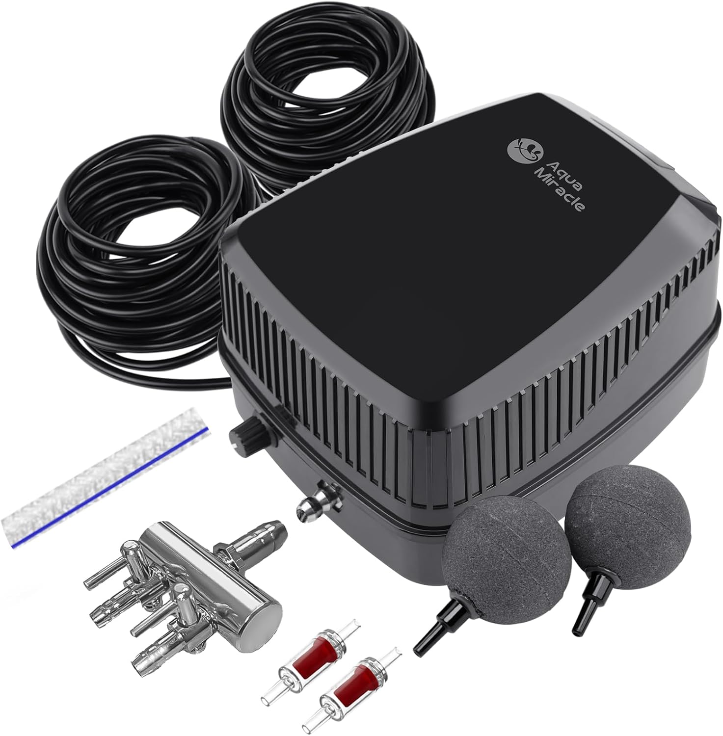 AquaMiracle All-in-One Koi Pond Aerator for Outdoor Ponds up to 1500 Gallons, Pond Air Pump Pond Aeration System with 2-Outlet Manifold Airline Tubing Air Stones Check Valves