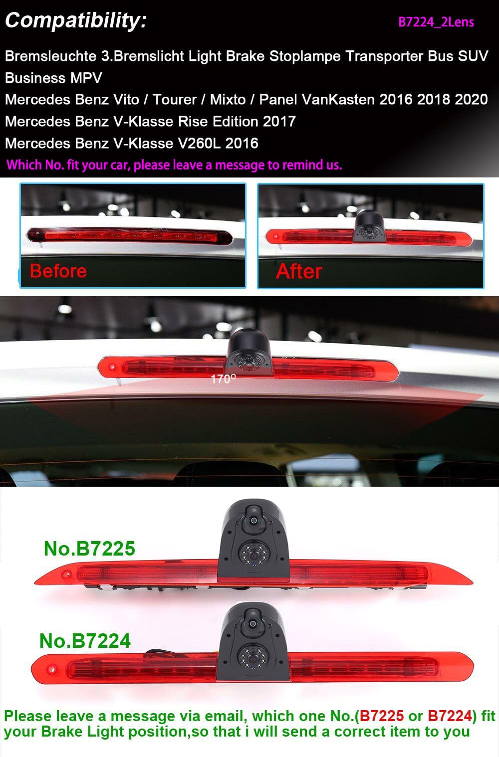 HD Auto IP68 1280 pikseli Transporter światło hamowania dach widok z tyłu kamera cofania podwójny obiektyw z regulacją kąta kompatybilna z Mercedes Benz Vito/Tourer/Mixto/Panel VanKasten/V-Klasse Rise