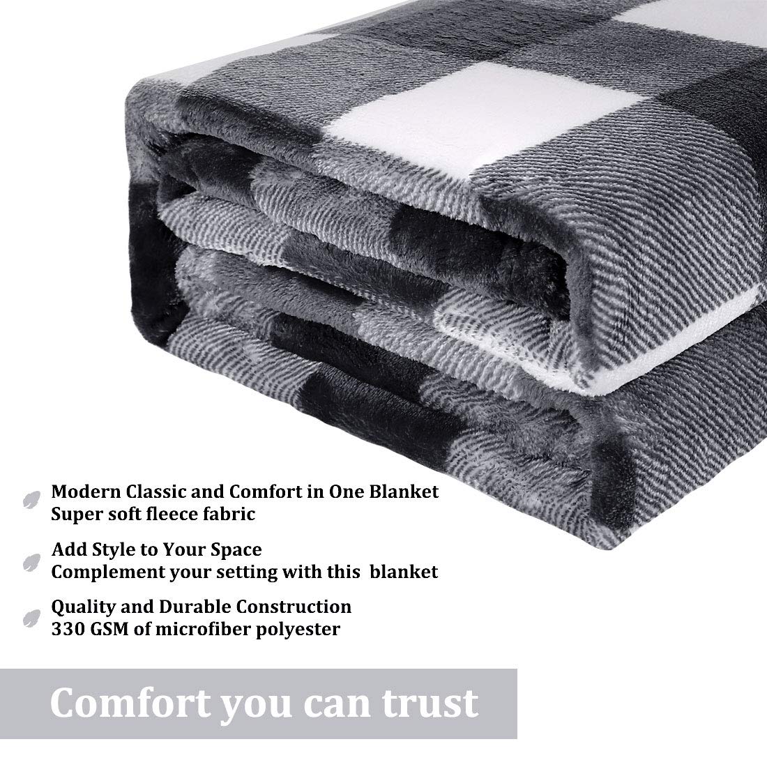 PICCOCASA Couverture Plaid Lit pour Canapé en Molleton Flanelle Peluche Carreaux Buffalo Chaude Noir et Blanc 130 x 150 cm