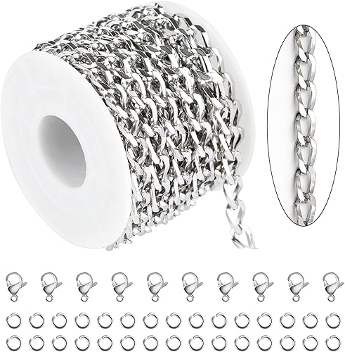 KYUNHOO Cadena de acero inoxidable 304 de 16.4 pies para hacer joyas, cadenas pesadas de eslabones cubanos para hombre, suministros para hacer