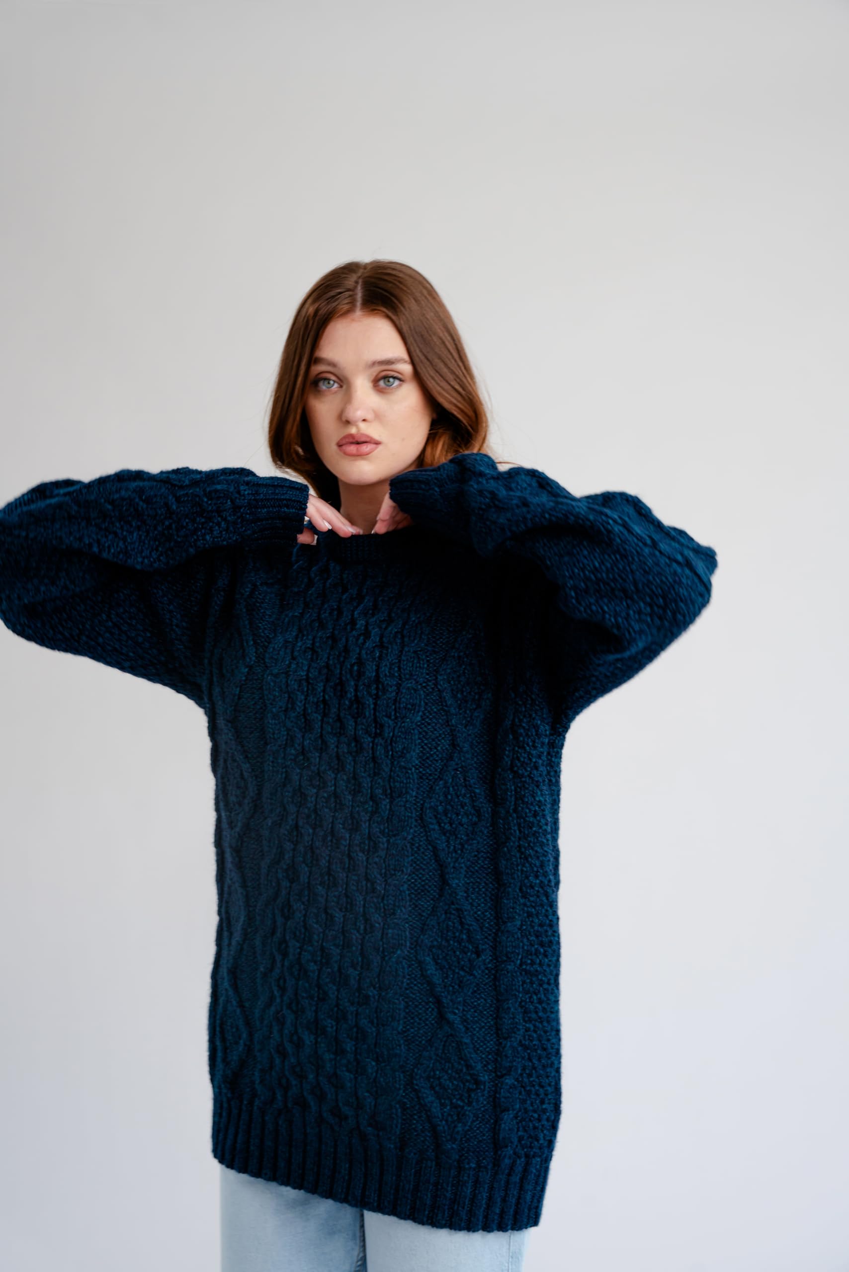 Maglione da donna in lana lavorata a maglia a trecce, 100% lana vergine, prodotto in Irlanda