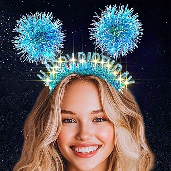 Light Up Pink Headbands LED Happy Birthday Crown Hairbands Glowing Pom Pom Hair Accessories for Women