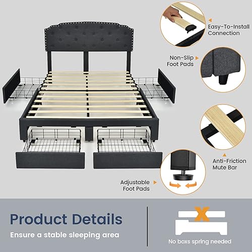 Miniatura 6 de Giantex Base de cama tapizada, cama de tamaño matrimonial con 4 cajones de almacenamiento y cabecera ajustable con botones, soporte de listones de