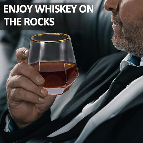 Miniatura 3 de Vasos de whisky de diamante, 4 vasos de rocas, vasos de cóctel con bandas doradas, para ron, whisky escocés o copas de vino, vasos de moda antigua,