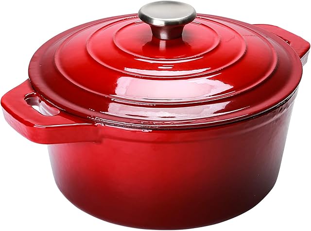 Puricon Enameled Cast Iron Casserole Dish with Lid 5.2 Litre, Non-Stick Cooking Pan Pot Dutch Oven for Steam Braise Bake Broil Saute Simmer Roast -Red