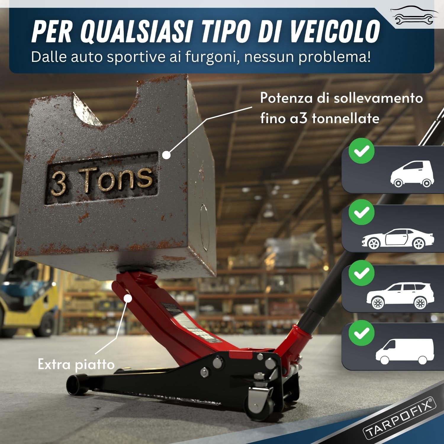Tarpofix® Cric Idraulico per Auto 3t (85-475mm) | Sollevatore Auto Professionale con Doppio Cilindro | Ideale per SUV & Veicoli Ribassati