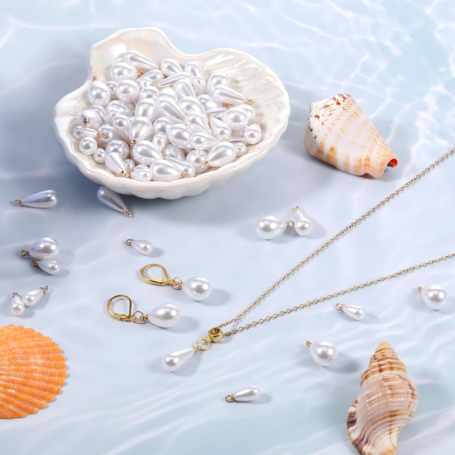 60 PCS Pearl Charm with Brass Loop, 3 Styles Pearl Charms for Jewelry Making, White Rice Oval Pearls Pendant for Necklace Bracelet Earring Making - Image 6