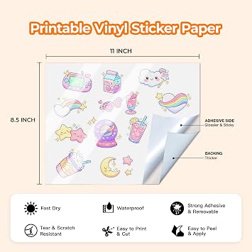 JANDJPACKAGING Printable Vinyl Sticker Paper - Waterproof Printable Vinyl for Laser & Inkjet Printer 15 Self-Adhesive Sheets - Glossy White - Standard Letter Size 8.5x11 | For Most Laser & Inkjet Printer, Self-Adhesive, Waterproof, 8.5x11 Standard Letter Size