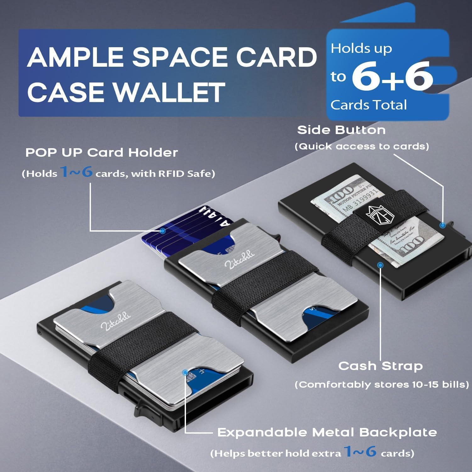 Zitahli Card Holder Wallets for Men - Slim Wallet Holds 6+6 Cards, Metal Card Holder, Minimalist RFID Blocking Wallets with Pop-Up Function, Ultra-Thin, Men's Accessories, Gifts for Him - Image 2