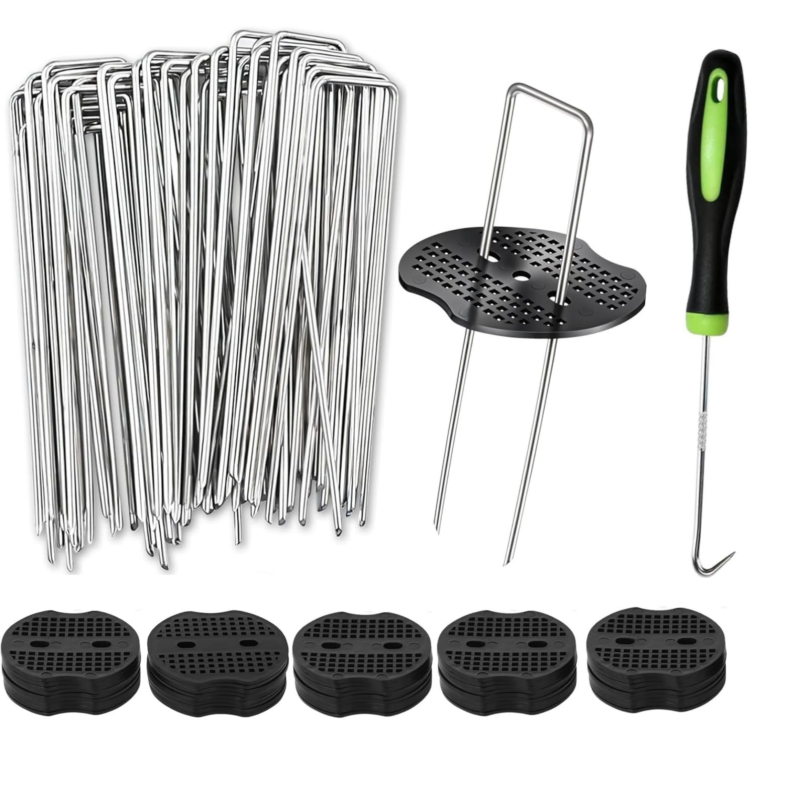50Pack/Set Weed Control Membrane Pegs & Washer + 1 Pick Hook, 6"/150mm U-Shaped Garden Stakes, Ground Pegs for Securing Lawn, Artificial Grass, Matting, Netting, Tent - Galvanized Staples and Pins