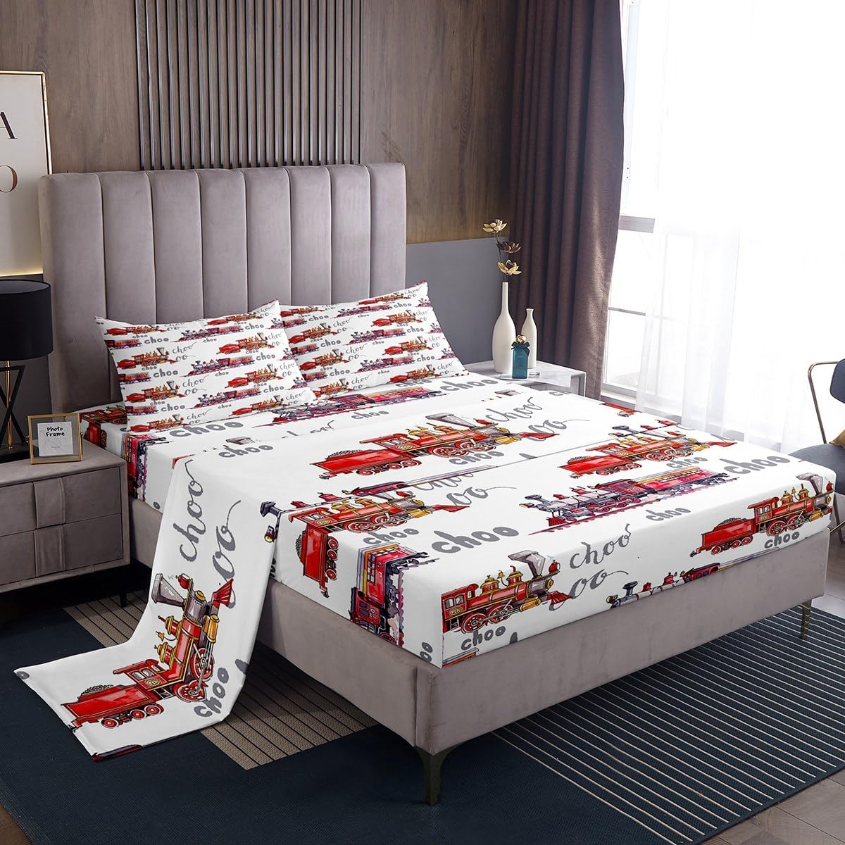 Castle Fairy Kids Train Bed Sheet Twin Size Cartoon Car Bedding Set for Boys Girls Choo-Choo Train Tracks Fitted Sheet White Red Construction Vehicle Top Flat Sheet Teens Bedroom Decor,1 Pillowcase