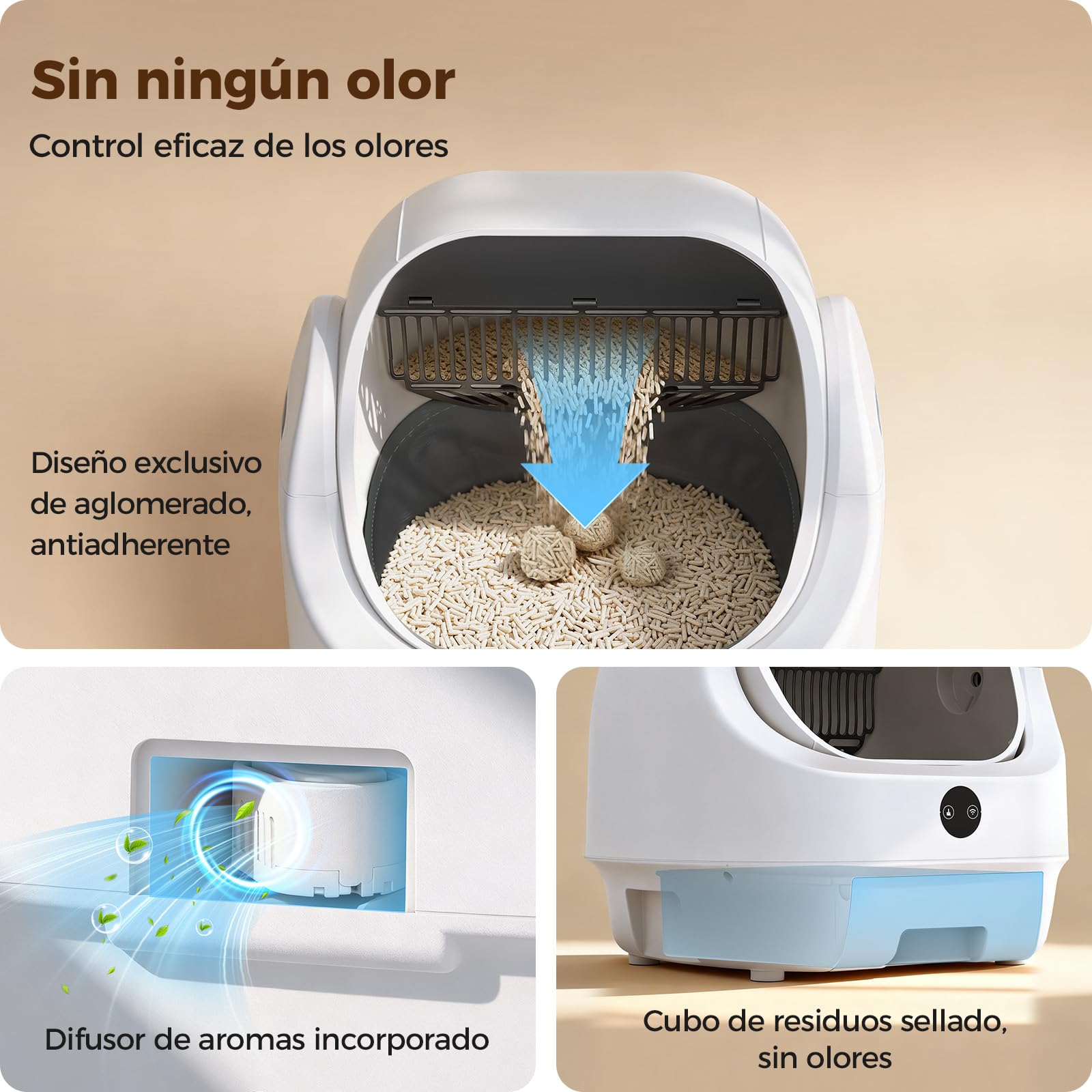 Arenero Gatos Autolimpiable Abierto, Ellenpent Caja de Arena Automática | Sin Olores e Higiénico, Capacidad Grande, Control por App, Seguro, Limpieza Rápida, Adecuado para Hogares con Varios Gatos