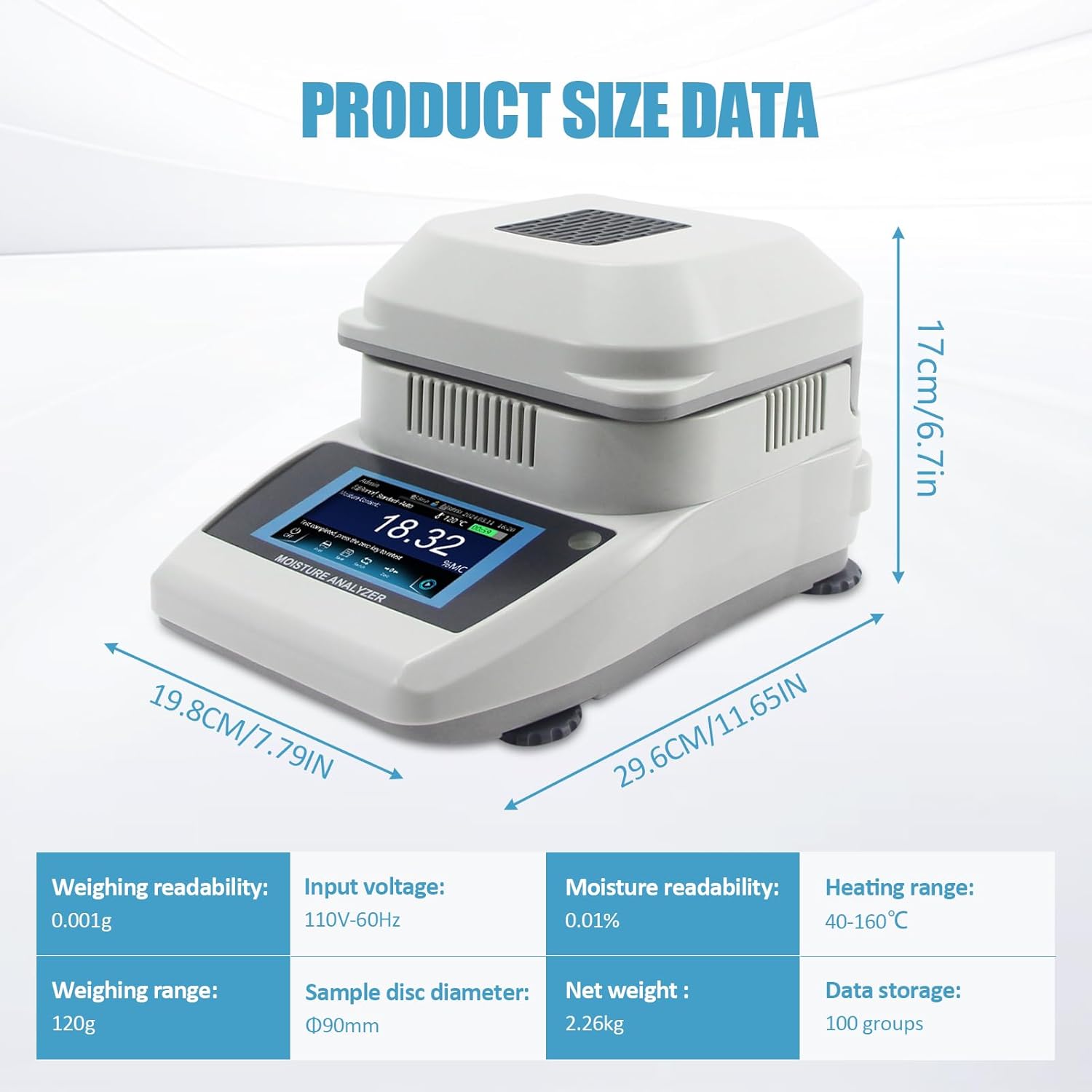 Moisture Analyzer with 120g-0.001g Precision Fast Heating & Drying (40-160°C) Ideal for Quick Moisture Testing in Food, Plants, and Building Materials
