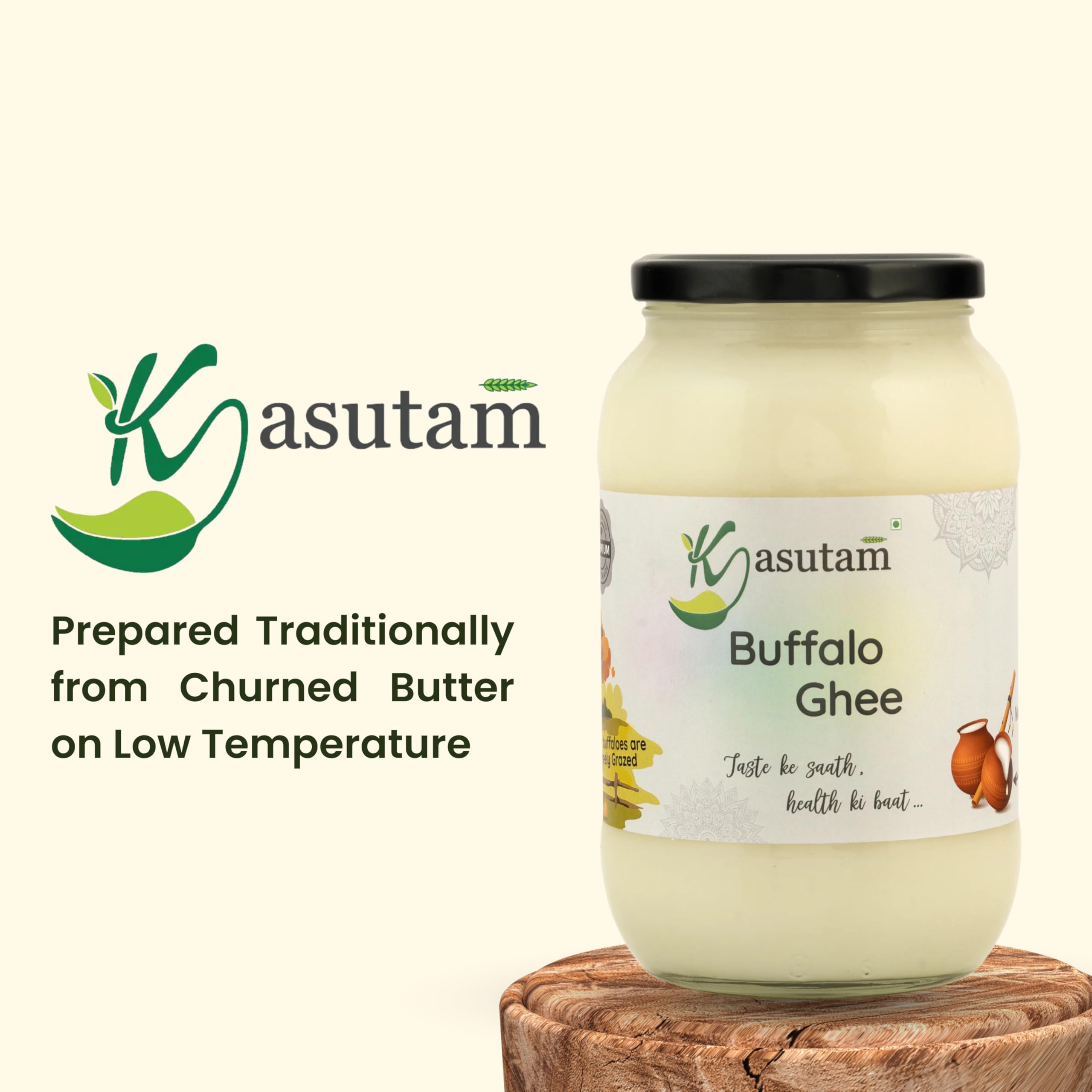 Kasutam A2 Desi Buffalo Bilona Ghee, hergestellt nach traditioneller vedischer Bilona-Methode, hergestellt im Erdtopf und handgebrühtem Grasfutter, Büffelghee, Immunitätsverstärker-Glas, 1000 ml