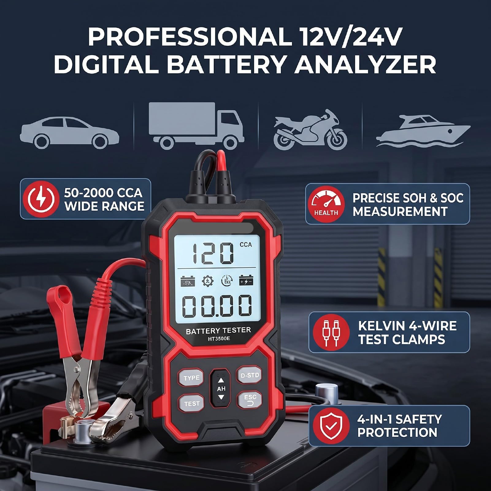 XUMIUZIY Testeur de Batterie Numérique 50-2000 CCA |Analyseur de Batterie Automobile pour Voitures Camions RV