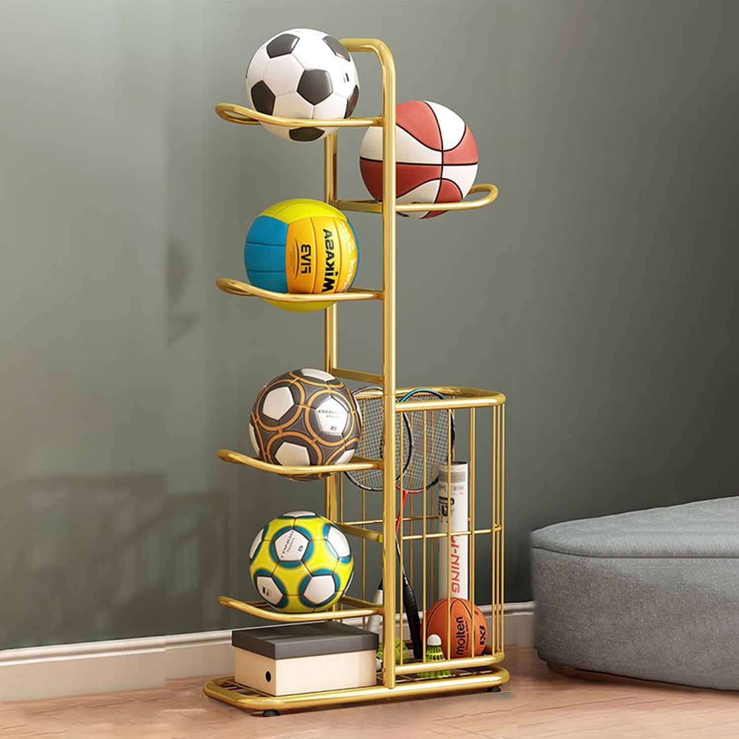 Sport Ball Yoga Mat Storage Rack, Freestanding Metal Mesh Gym Holder Basket, Removable Display Shelf for Storage Exercise Equipment,Gold,H,116cm