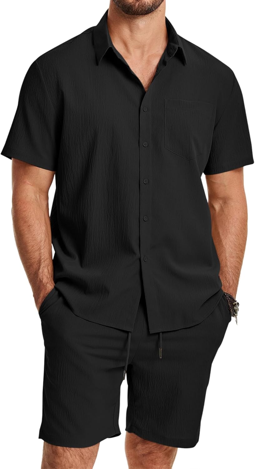 JMIERR Mens 2 Piece Short Sets Short Sleeve Shirts and Shorts Summer Beach Vacation Texture Outfits
