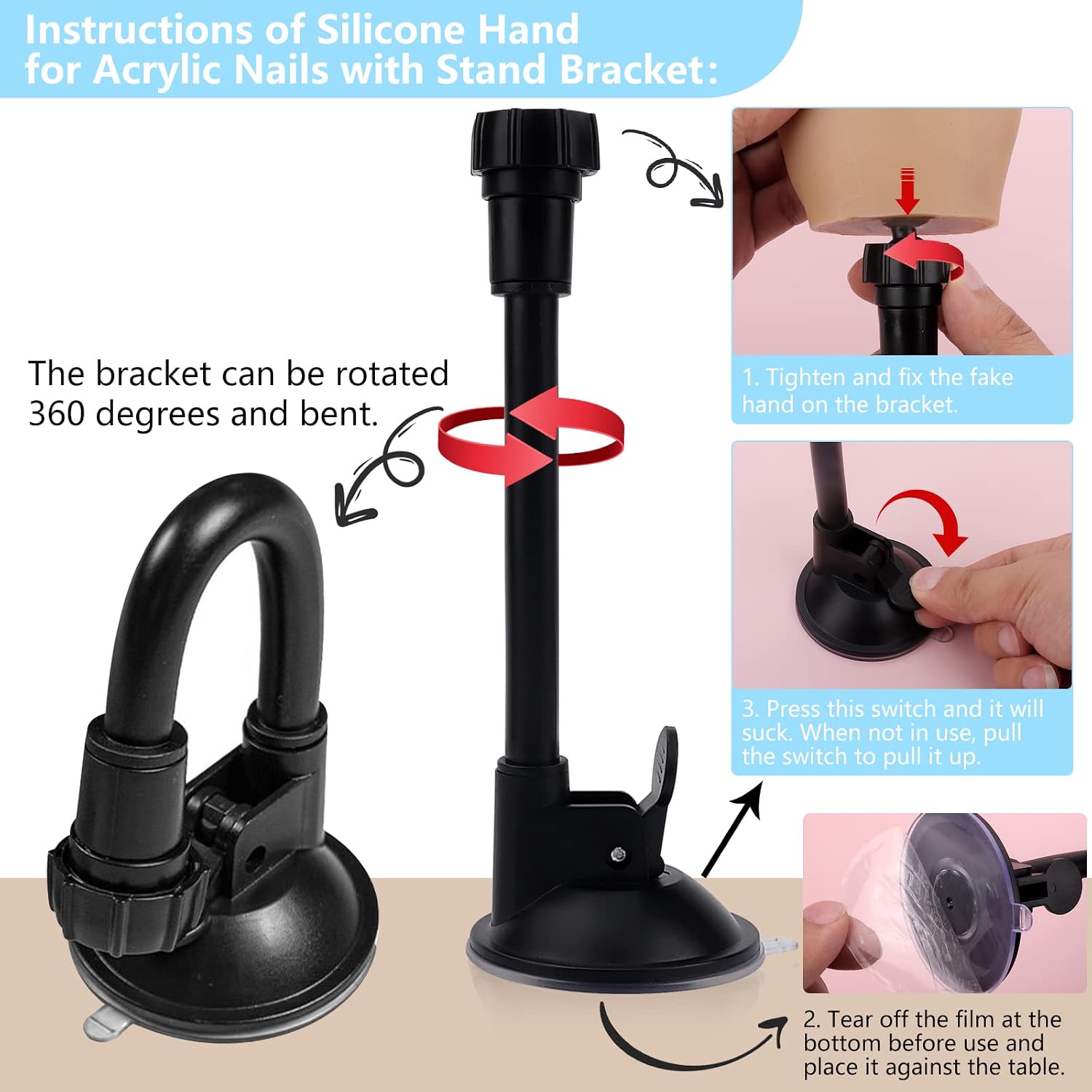 Silicone Hand for Acrylic Nails with Stand Bracket,Realistic Silicone Nail Training Hand, Soft Flexible Bendable Nail Practice Mannequin Hand for Nails Art DIY Print Practice Tool (Left Hand)