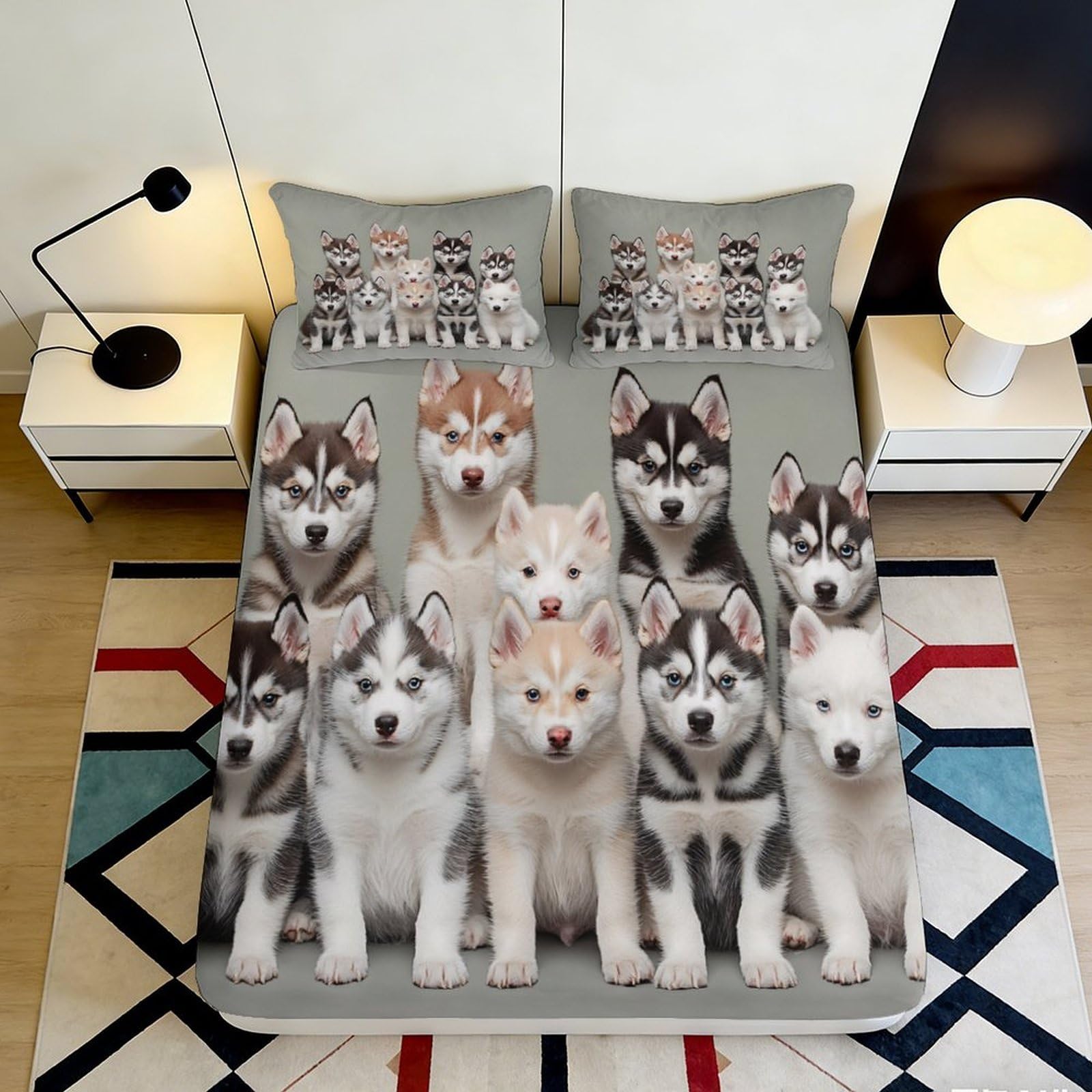3D Printed Husky Puppy Fitted Sheet Microfiber Soft Grey Animal Bed Cover for Bedroom Guest Room Mattress Decor 140x200x25cm