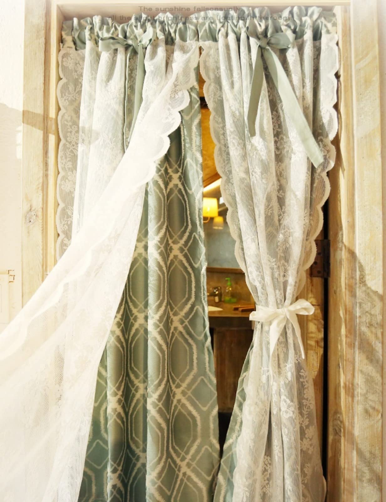 A.Monamour Tenda Corta Piccola 2 Pannelli Oscuranti Verdi A Rombi Geometrici Con Pizzo Floreale Bianco Tendina Tenda da Cucina Bistrot Caffè Mezza Tenda Mantovana Tenda a Vetro a Pannello Tenda Porta