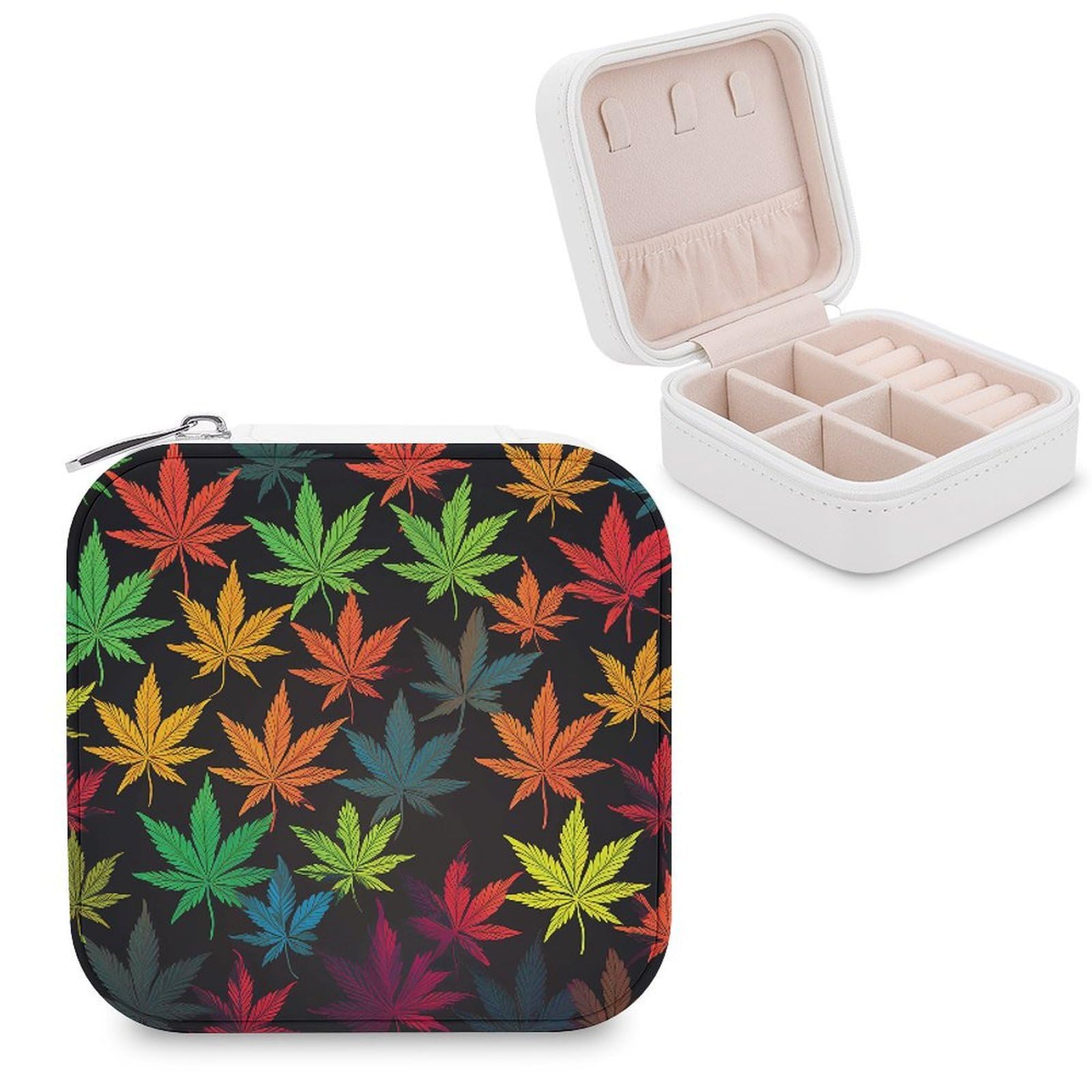 VstaDank Colorful Cannabis Leaves Travel Jewelry Case Small Portable Jewellry Organizer Box PU Leather Organizer Boxes Personalized Jewellery Storage Holder Gift for Womens Rings Earrings