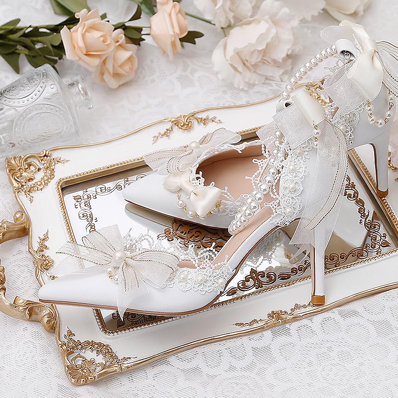 White lace trim bowknot pointed-toe hollow high-heeled women's shoes, bridal wedding dress Lolita style2