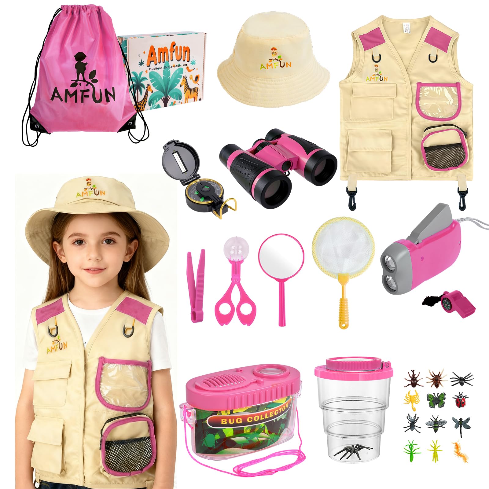 AMFUN Explorer Set for Children, 25-Piece Explorer Set, Exploration Toy with Vest, with Binoculars, Children, Insect Catcher, Compass, Cup Magnifier for Boys and Girls, Camping, Nature Exploration