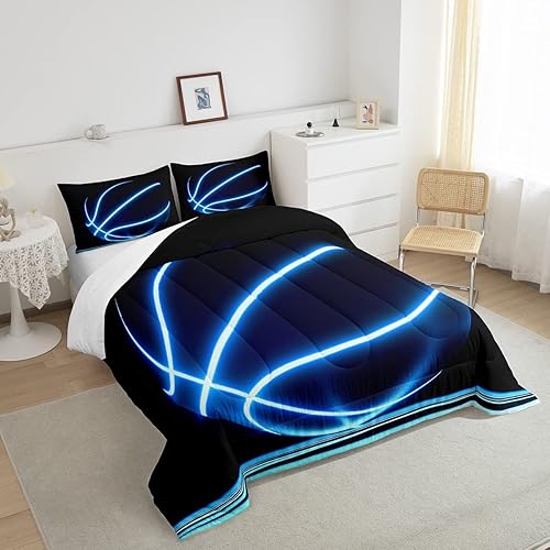 Miniatura 3 de Erosebridal Juego de edredón deportivo para niños, juego de ropa de cama de baloncesto neón de 2 piezas, para niños y adolescentes, con temática