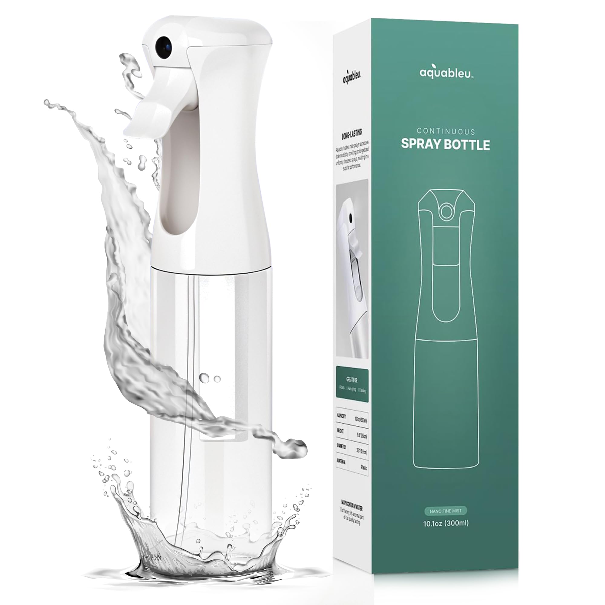 Aquableu Spray Bottle for Hair – Continuous Mist Spray Bottle for Hair Care, Styling, Cleaning, Plants, Pets & Essential Oils (Clear, 10oz)