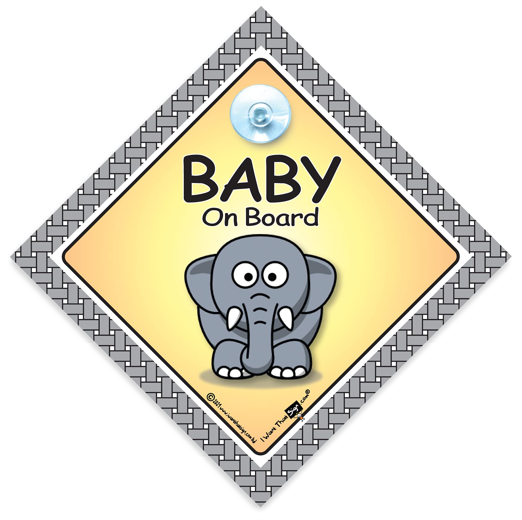 Iwantthatsign.com Grey Baby Elephant On Board Sign, Baby On Board Sign, High Visibility Suction Cup Car Window Sign Designed To Let Other Road Users Baby Is In The Car, 14 Cm X 14Cm X 2Cm