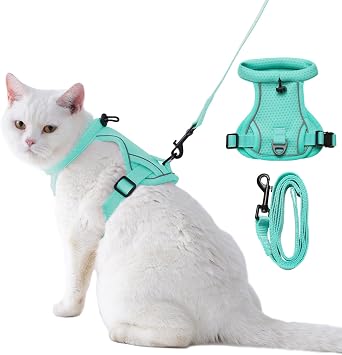 Dotoner Escape Proof Cat Harness and Leash Set Adjustable Soft Mesh Vest for Walking Safe Travel Vet Visit with Reflective Strips for Cats and KittensTurquoise-S