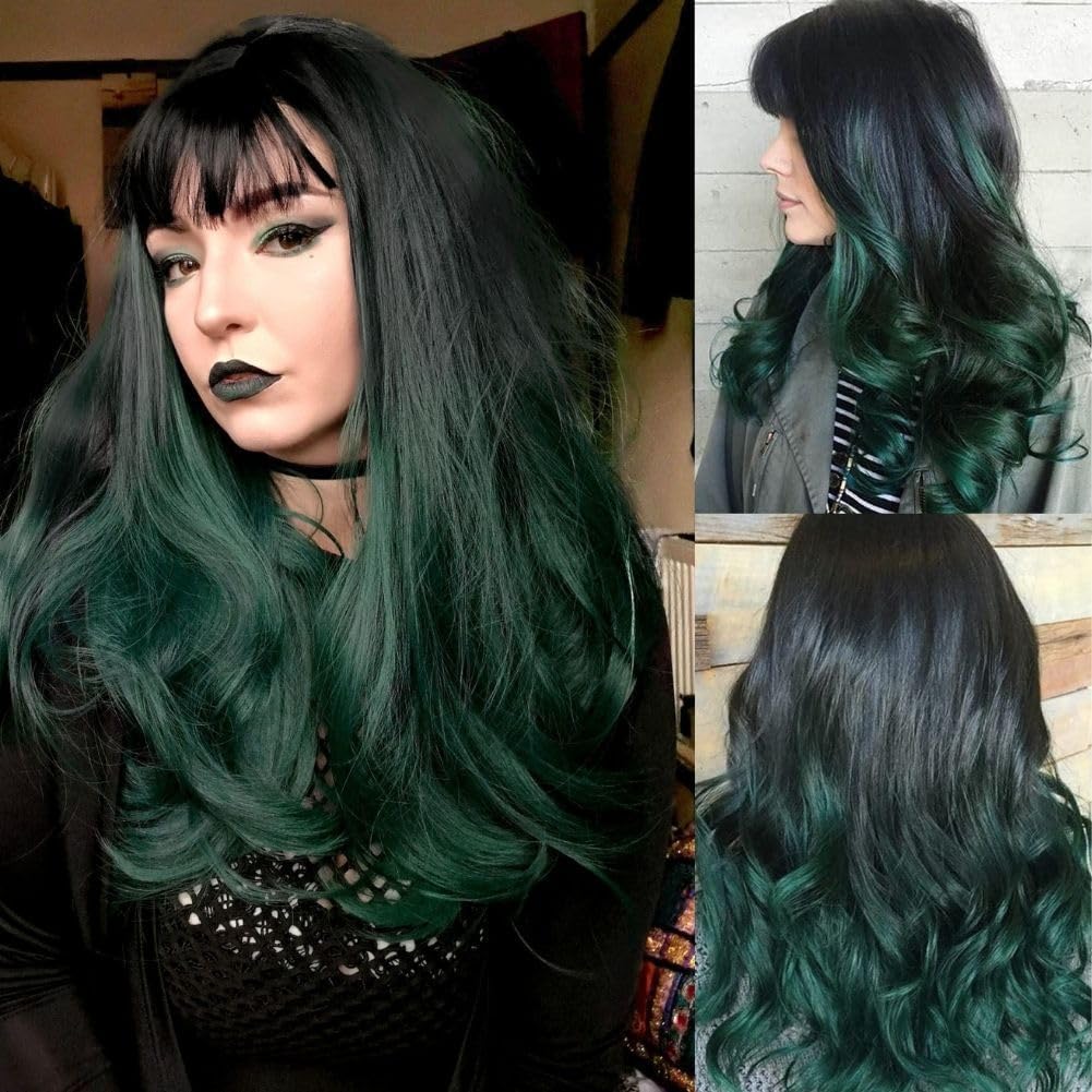 Salaibs Schwarz Grün Lockige Perücke mit Pony Damen Dunkle Wurzel Lange Wellige Haar Perücke Cosplay Halloween Daliy Perücken