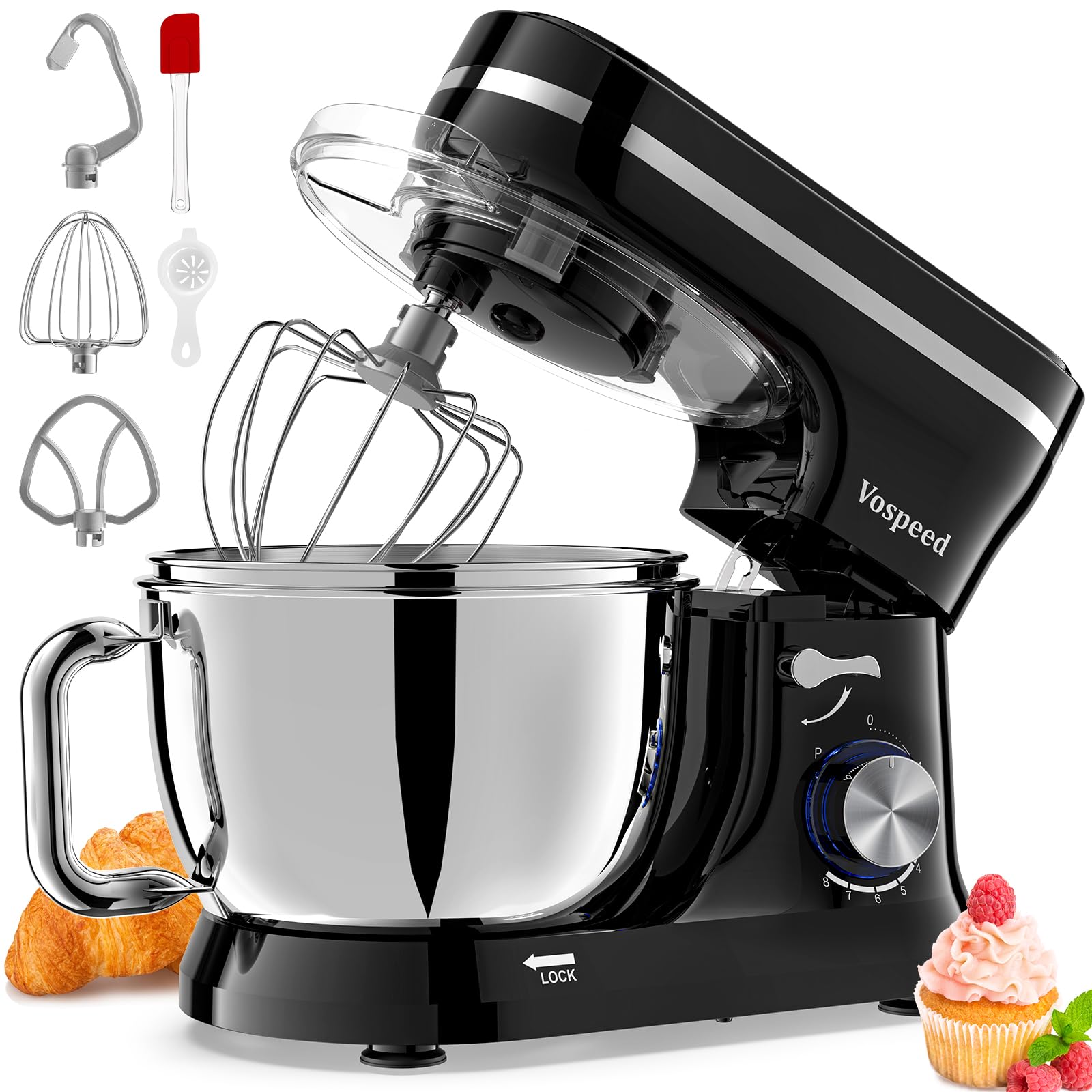 Vospeed Food Processor Kneading Machine, 1000 W 5.5 L Food Processor with Whisk, Dough Hook, Stainless Steel Whisk, Splash Guard, Dishwasher Safe (Black)-image-34