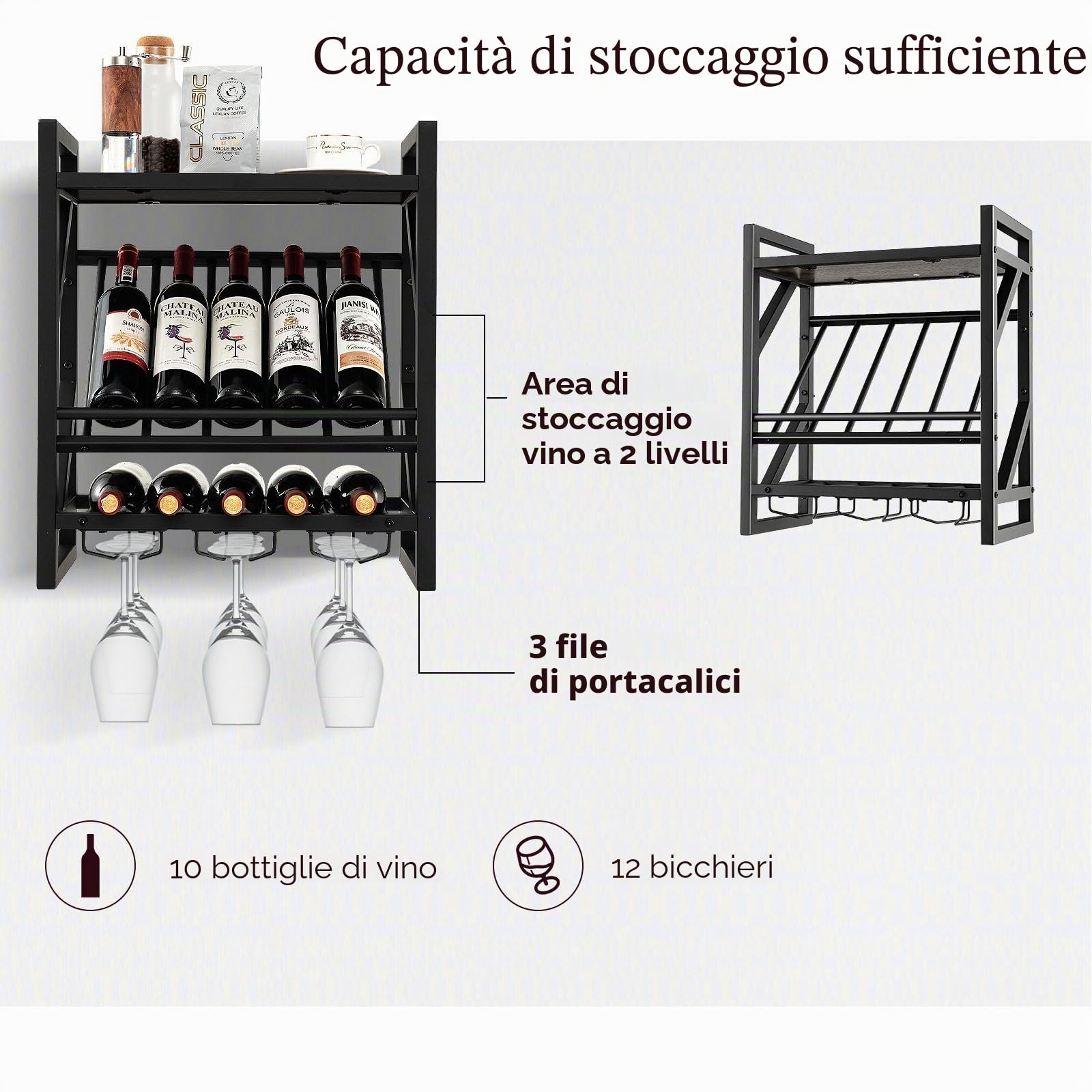 KOMFOTTEU Cantinetta a Parete, Scaffale Vino Decorativo con Portacalici per Coppe, Supporto per Bottiglie Appendibile, 20 kg di Carico per Strato, per Cucina, Cantina, Bar (51 x 26,5 x 60 cm)