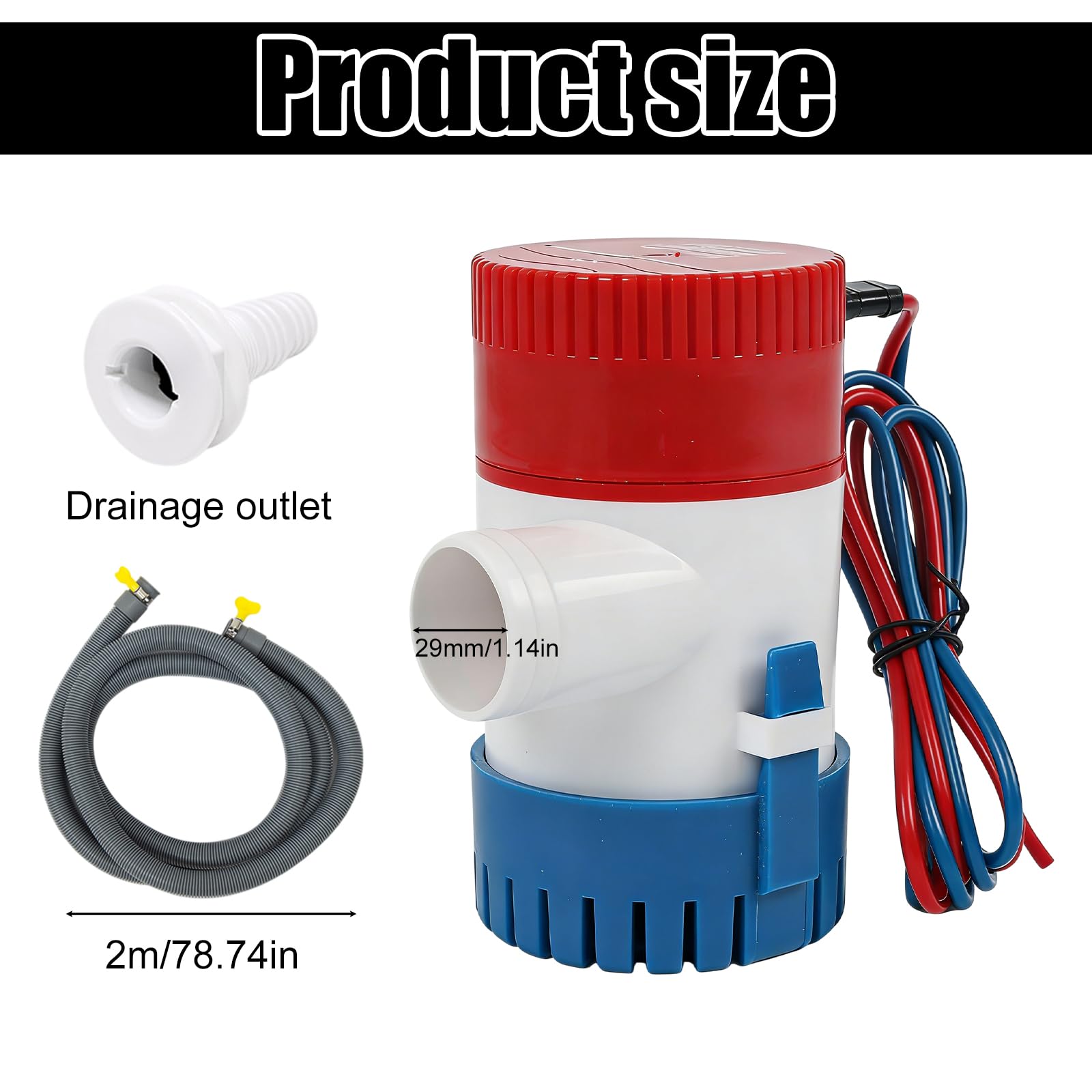 Pompa di sentina, 12 V, 1100 GPH, pompa sommersa non automatica, con tubo φ29 mm, tubo grigio da 2 m, 2 fascette stringitubo per yacht, barche marine, roulotte, giardino all'aperto