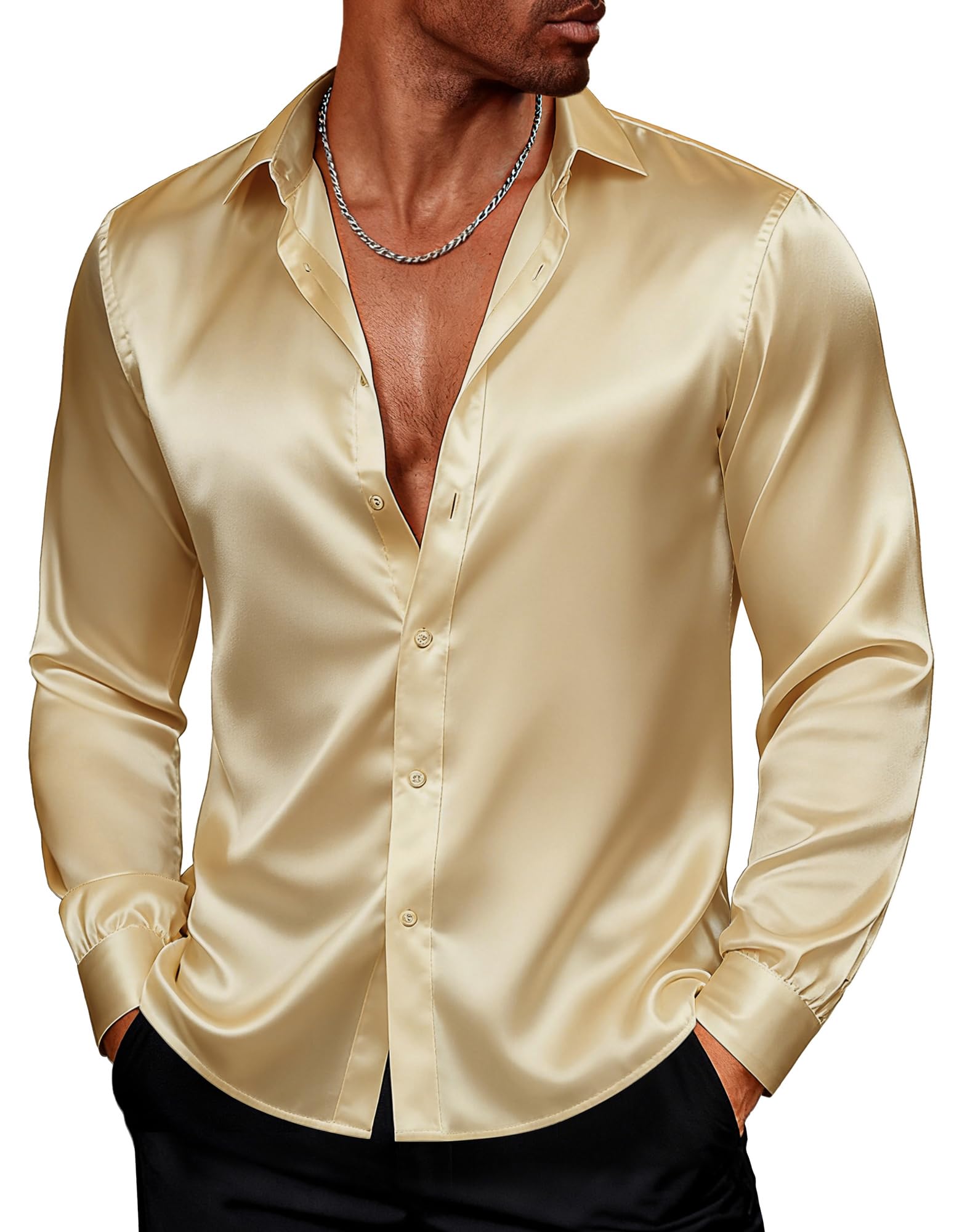 PJ PAUL JONES Men's Shiny Satin Dress Shirts Long Sleeve Button Down Silk Shirt with Bow Tie
