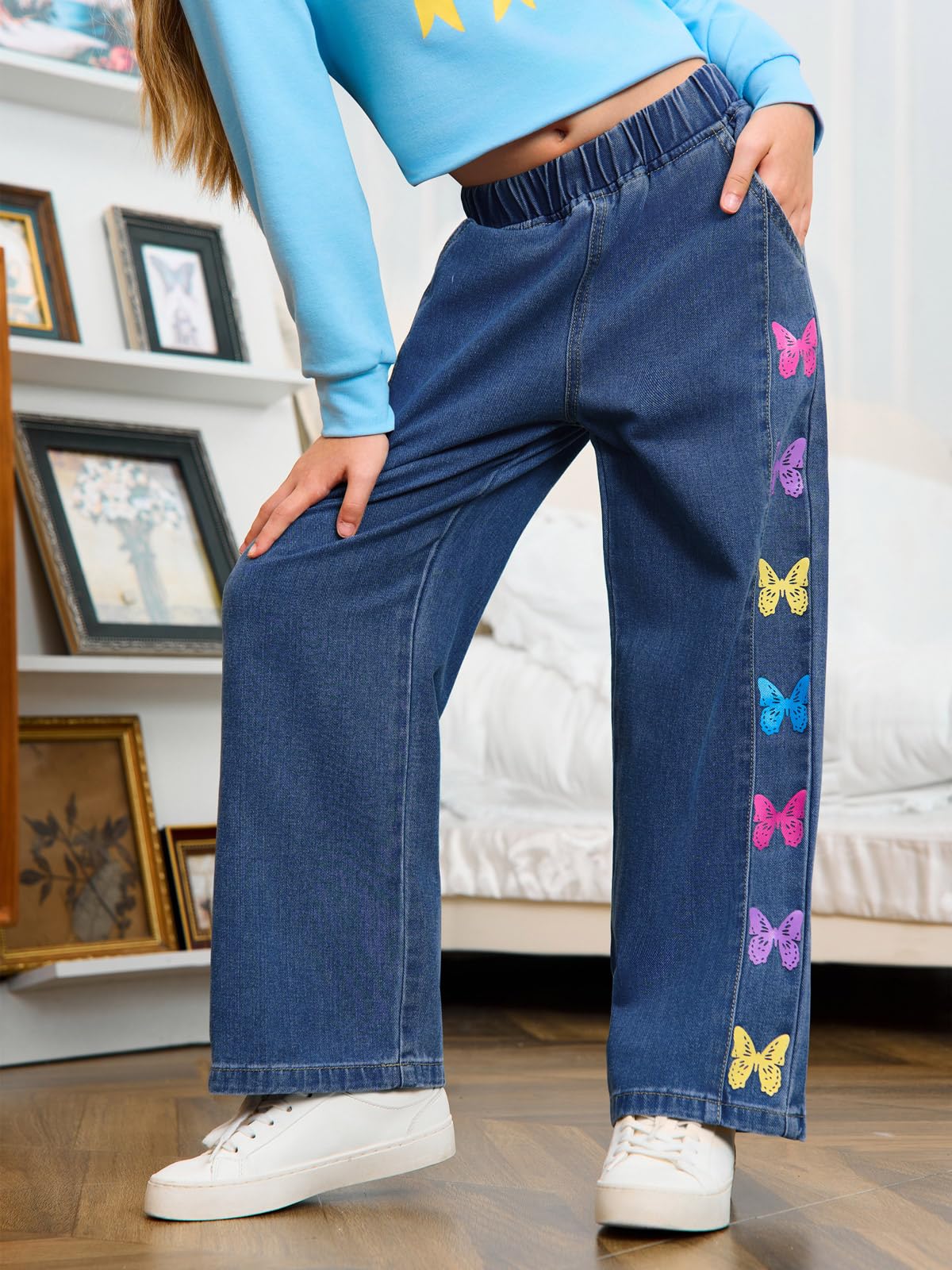 Haloumoning Mädchen Jeans Schmetterlingsprint Denim Hosen Kinder Baggy Jeanshosen weitem Bein Elastisch Streetwear mit Taschen