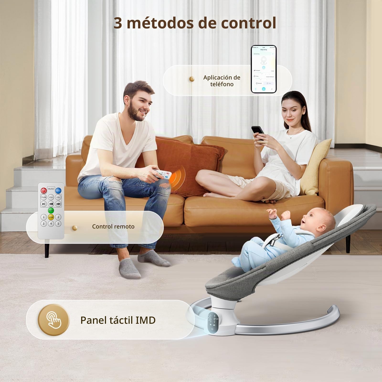 Bouncer eléctrico para bebés con 5 amplitudes de Swing Temporizador de 3 etapas, Silla de Gorila para bebés con Control de Bluetooth y Control Remoto, 12 Canciones de Cuna preestablecidas