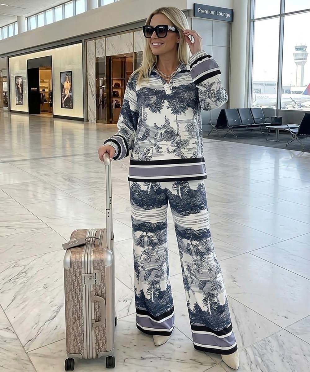 CHICME 2 Piece Sets for Women Tropical Tiger Print Summer Outfits Long Sleeve Top & Wide Leg Pants Travel Matching Set