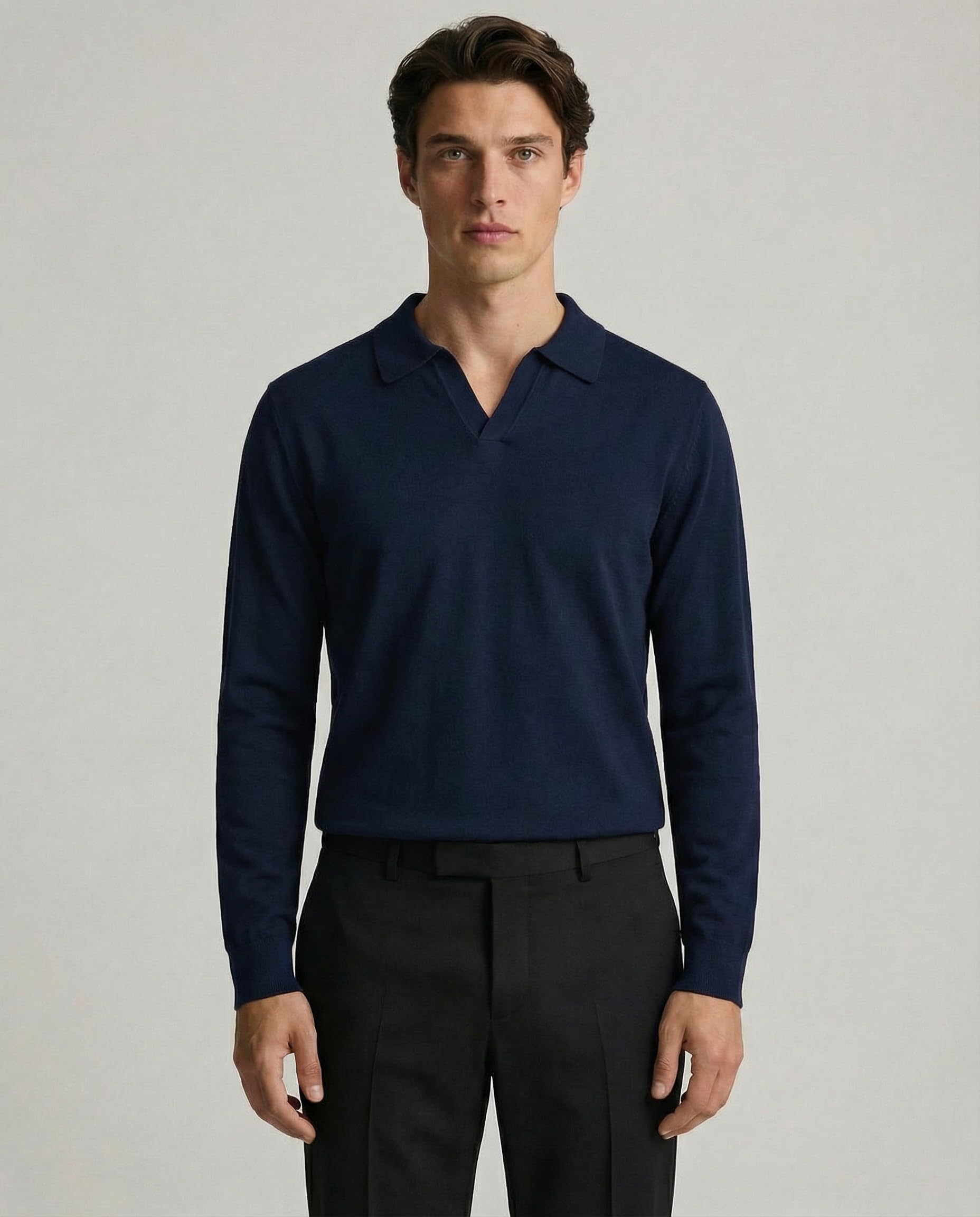 Diana Studio - Polo aus glattem Strick ohne Knöpfe, Herren, 100% extra gedrehtes leichtes Baumwollmaterial, Langarm, Casual Fit