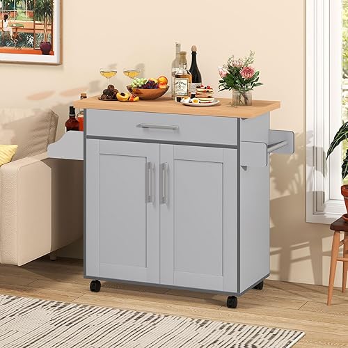 Miniatura 9 de Giantex Isla de cocina, carrito de cocina rodante con estante para especias y toallero, cajón grande y armario de almacenamiento de 2 puertas,