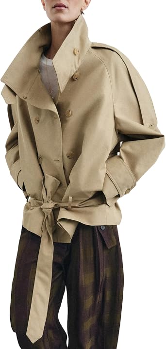 Cropped Trench Coat for Women Funnel Neck Double Breasted 2026 Trendy Fall Outfits Short Spring Jackets with Belt