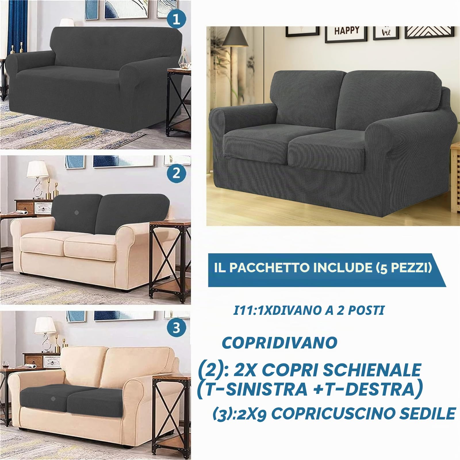 Copridivano con Schienali Separati E Cuscini Seduta, Copridivano Antiscivolo con Fascia Elastica, Proteggi Mobili Jacquard Elasticizzato (2 Seater(145-178cm),Grigio scuro)