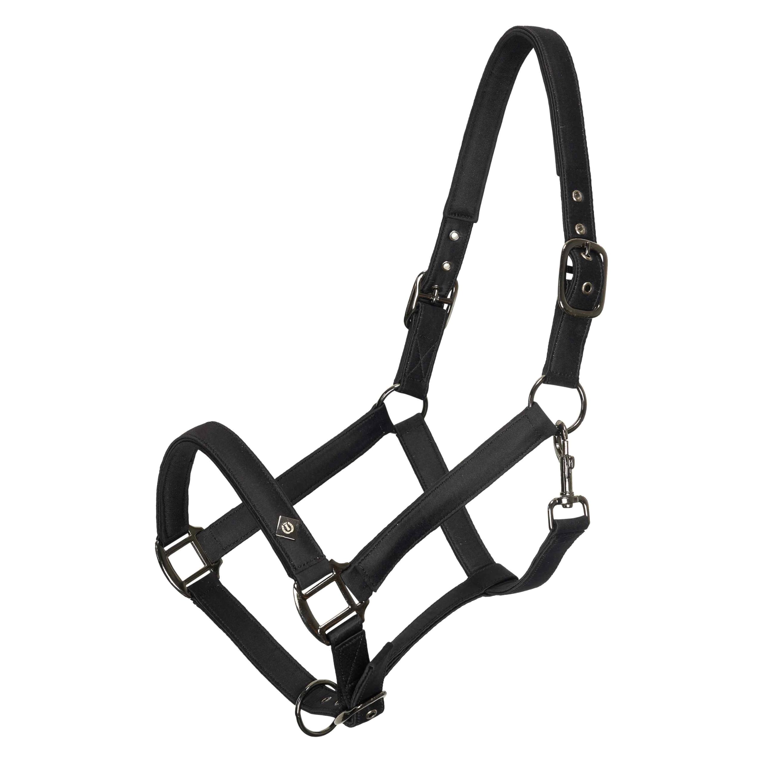 Imperial Riding Headcollar IRH-Rebel - Shiny Satin Polyester, Heavy Duty Nylon Base, Black Metal Fittings & Logo Coin Detail, Stylish Premium Headcollar for Stable & Willow, Black, Pony