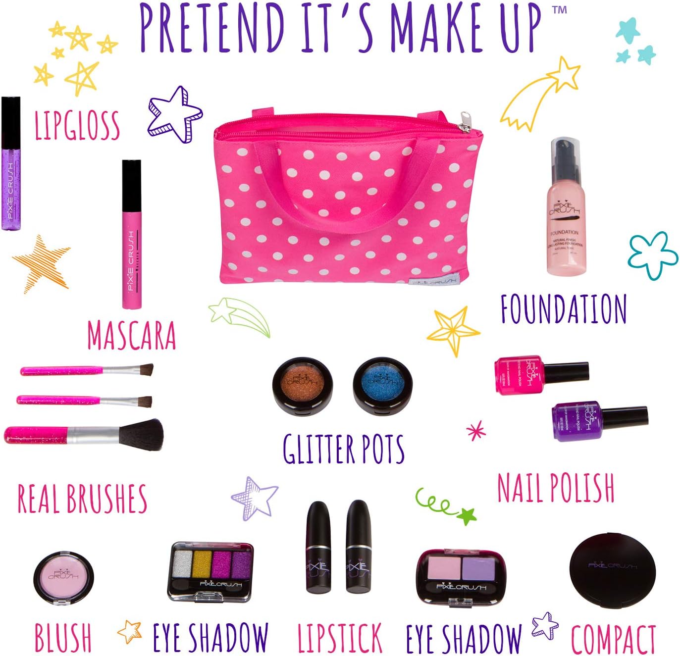 PixieCrush Pretend Makeup Play Deluxe 16 Piece Set for Children : Toys & Games