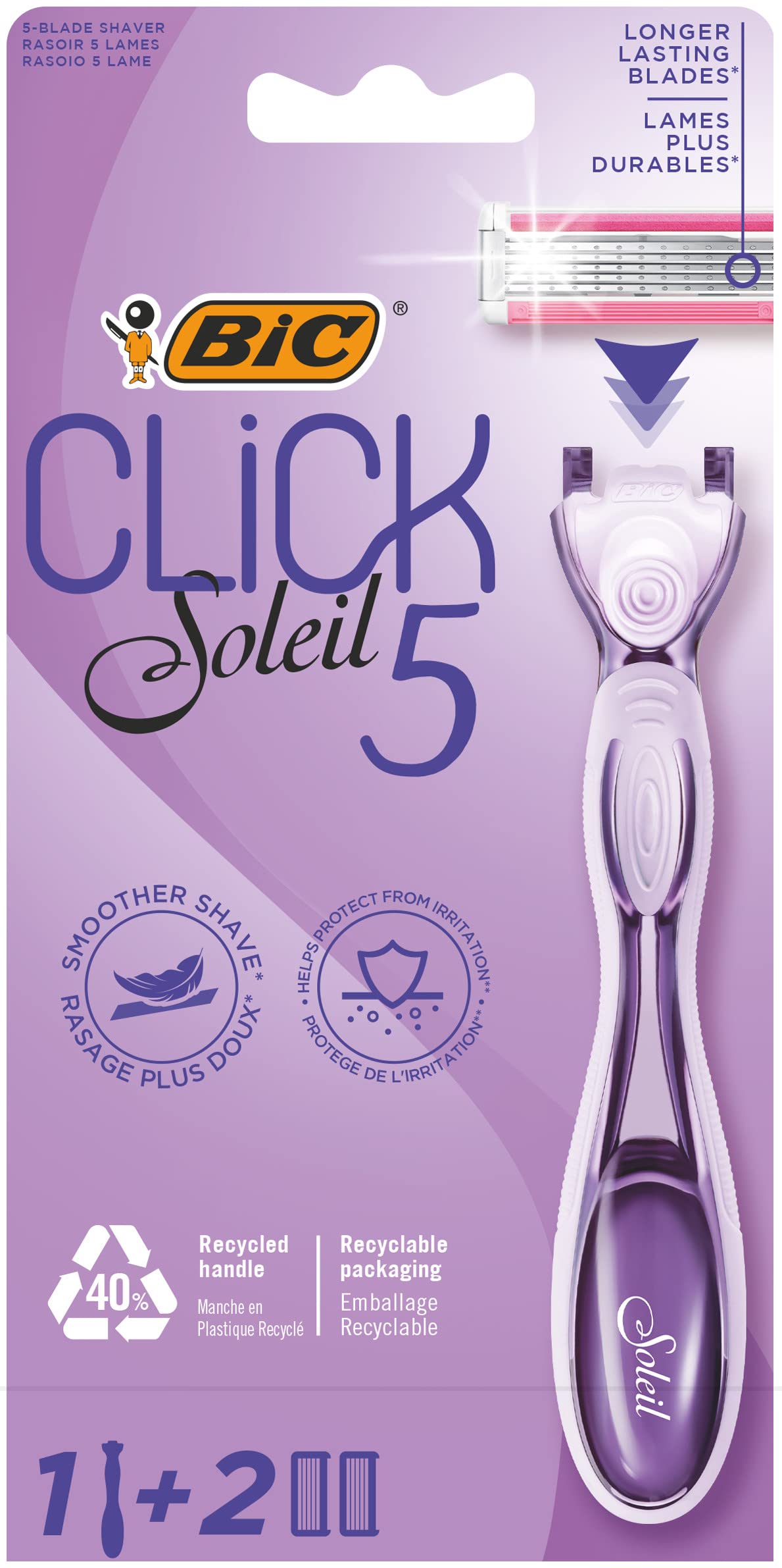 Click 5 Soleil Refillable Women's Razor, 40% Recycled Plastic Handle with Rubber Grip, 2 x 3-Blade Refills - Box of 1+2, Purple